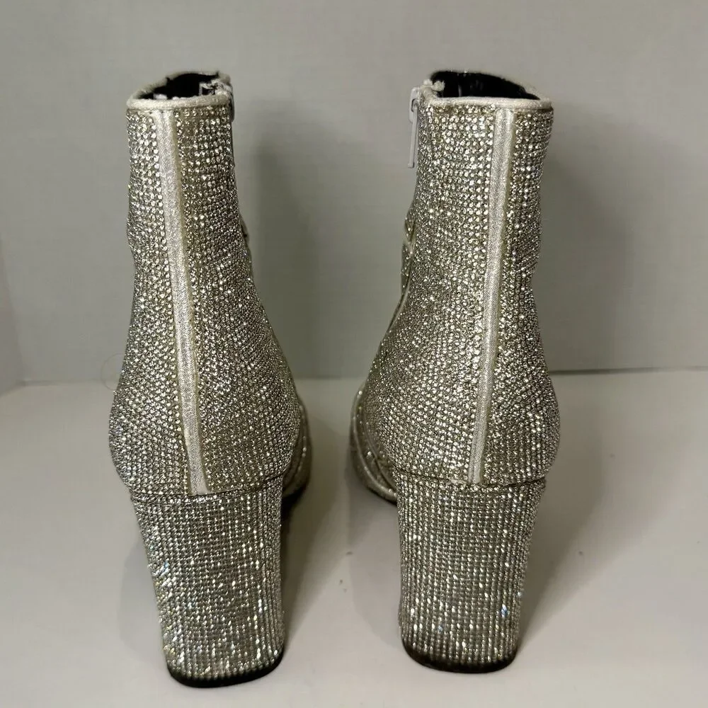Sparkle Rhinestone Disco Ankle Boots Point Toe Block Heel Silver Women’s Size 8